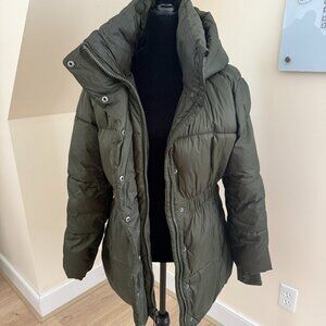 Gap Army Green Cinched Waist Puffer Coat- Size S-Water Resistant
